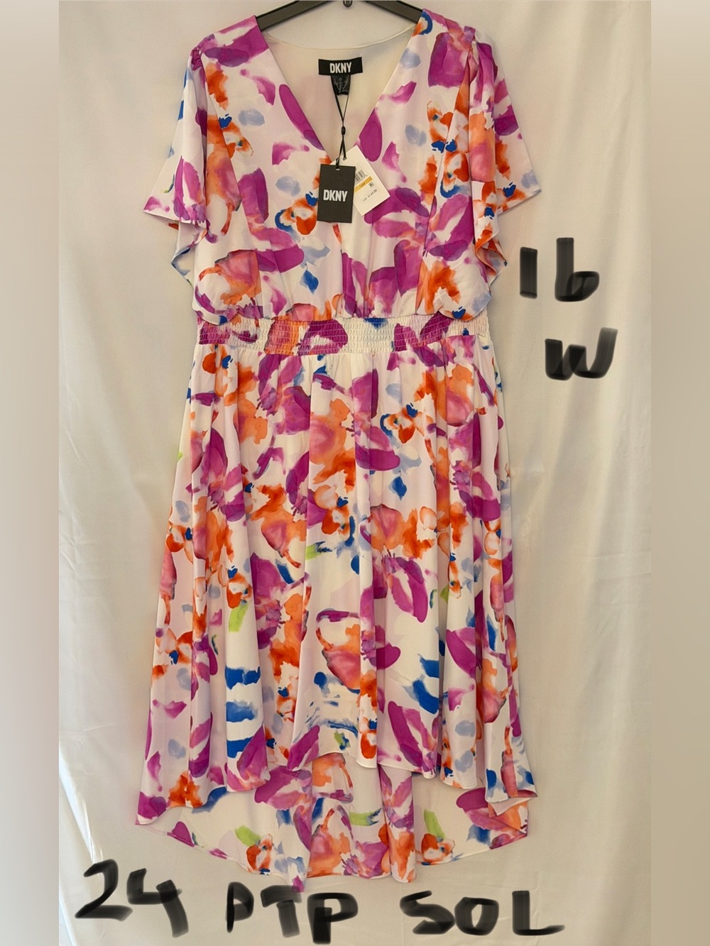 DKNY White Floral Watercolor Midi Dress with Pink, Orange & Blue Accents